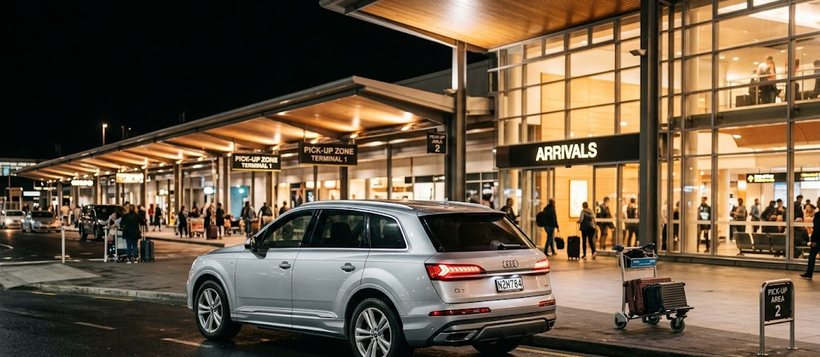 Rental car waiting at the Christchurch Airport pick-up zone at night
