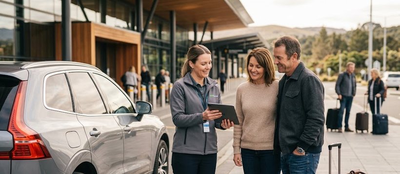 Christchurch Car Rental agent going through the rental costs with customers at the airport