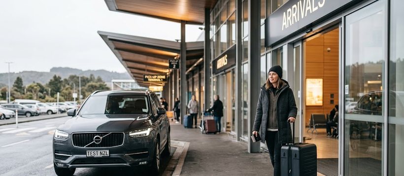 Traveller leaving Christchurch Airport arrivals with a rental car waiting at the kerb
