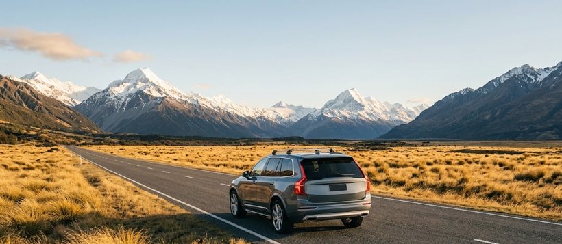 Rental SUV on an open road through the Southern Alps on a one-way rental